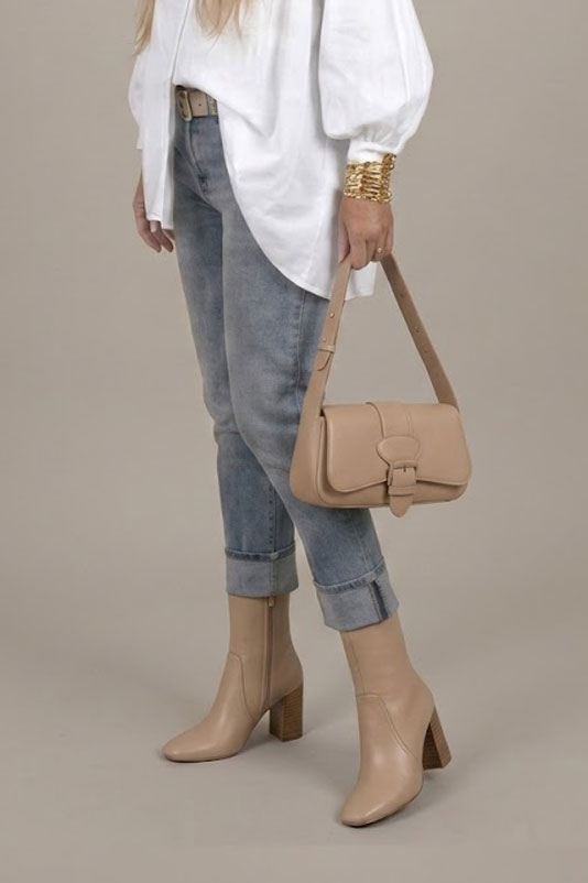 Dress ankle boots inside zip in tan beige leather with high block heels and round toe - Top view